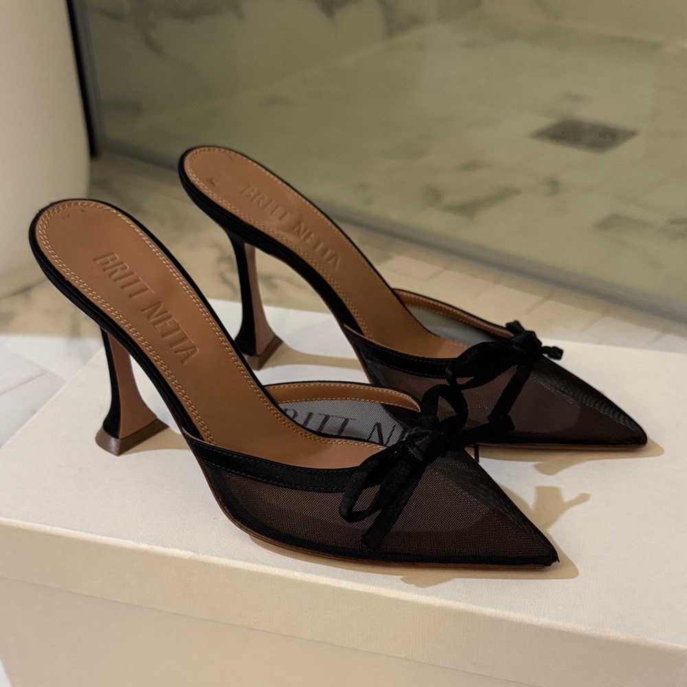 Britt Netta Black Mesh Mule Heels with Bow